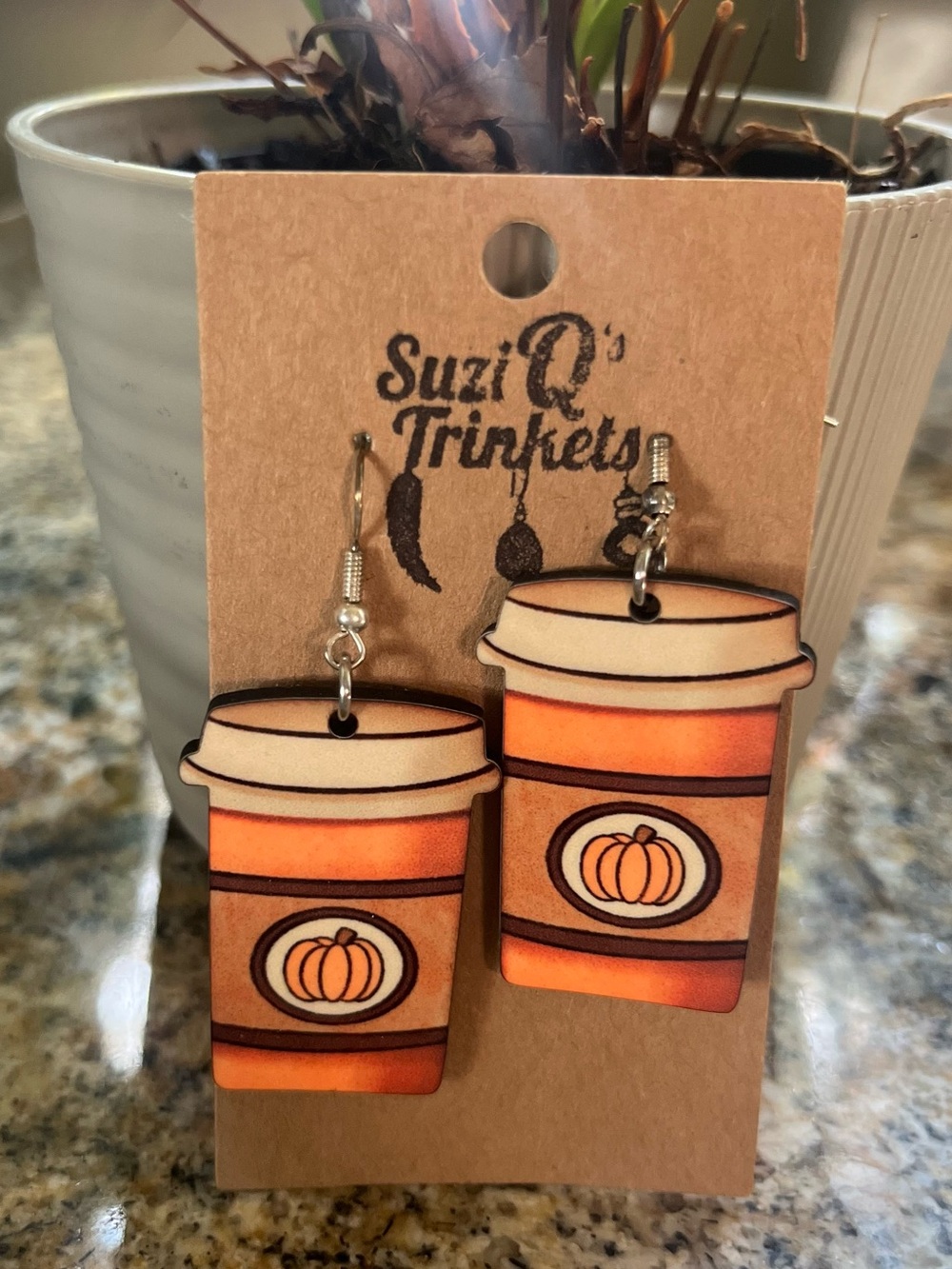 Suzi Q's Trinkets Pumpkin Coffee Cup Earrings - Wood/Enamal